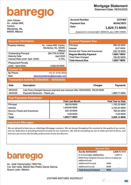 Download Mexico BanRegio mortgage statement Word and PDF template Photoshop template